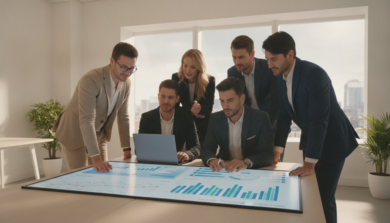 A B2B SaaS sales and marketing team reviewing customer reference metrics on a shared digital dashboard in a bright modern office.