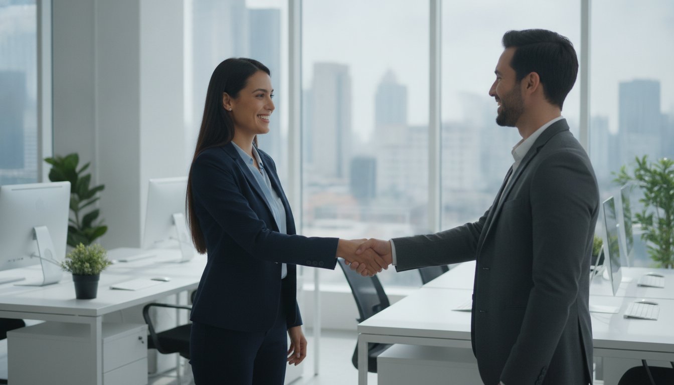 A customer success manager onboarding a new customer reference advocate in a professional office setting, building trust and rapport.